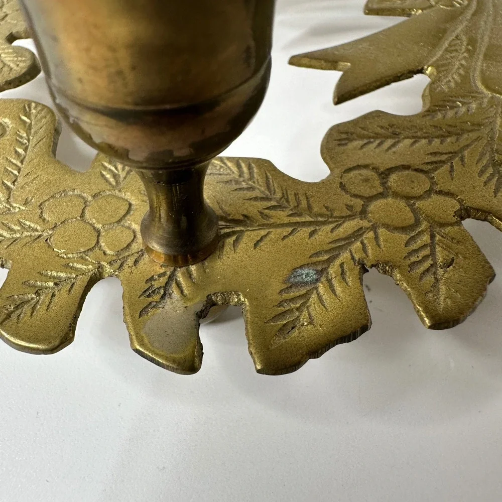 Vintage Brass Christmas Wreath Candelabra 3‎ Cup Candle Holder Holly Leaf Bow